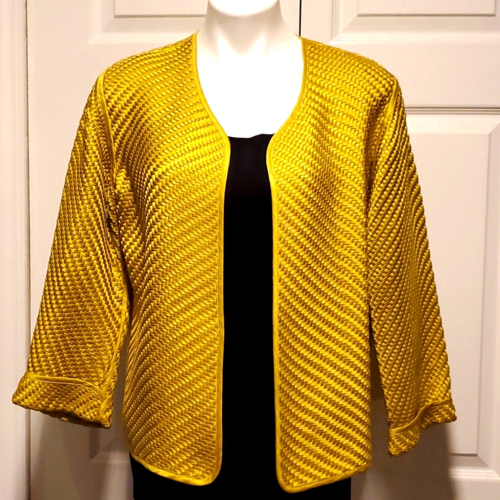 Chico's Design Basket Weave Silk Ribbon Flax Colored Cardigan - Size Small (8)